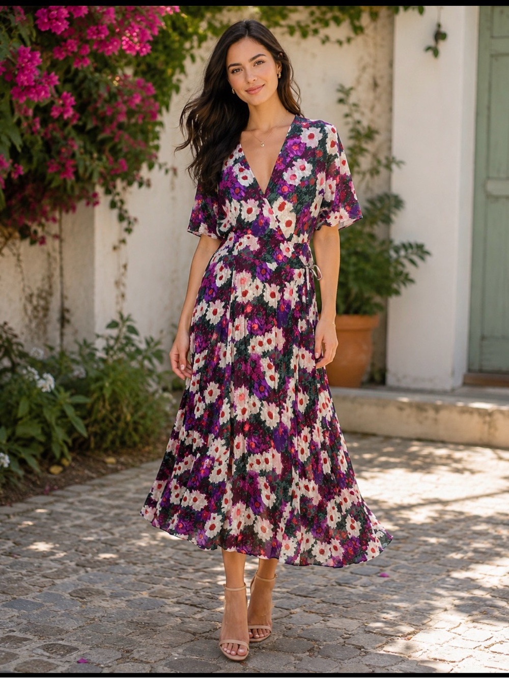 Floral Wrap Midi Dress in Purple and White size large